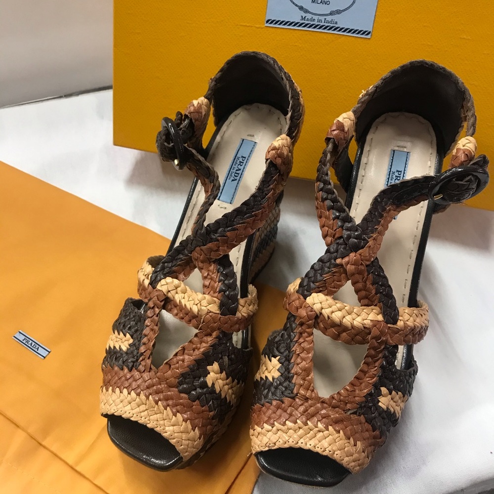 PRADA Brown Woven Leather Peep Toe Wedge Sandals - Picture 8 of 14